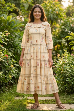 Cream Floral Printed Muslin Dress (ACA7425)