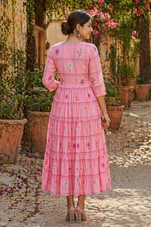 Pink Floral Printed Muslin Dress (ACA7426)