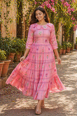 Pink Floral Printed Muslin Dress (ACA7426)