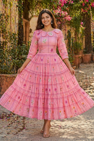 Pink Floral Printed Muslin Dress (ACA7426)