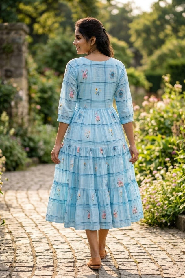 Blue Floral Printed Muslin Dress (ACA7427)