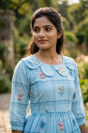 Blue Floral Printed Muslin Dress (ACA7427)
