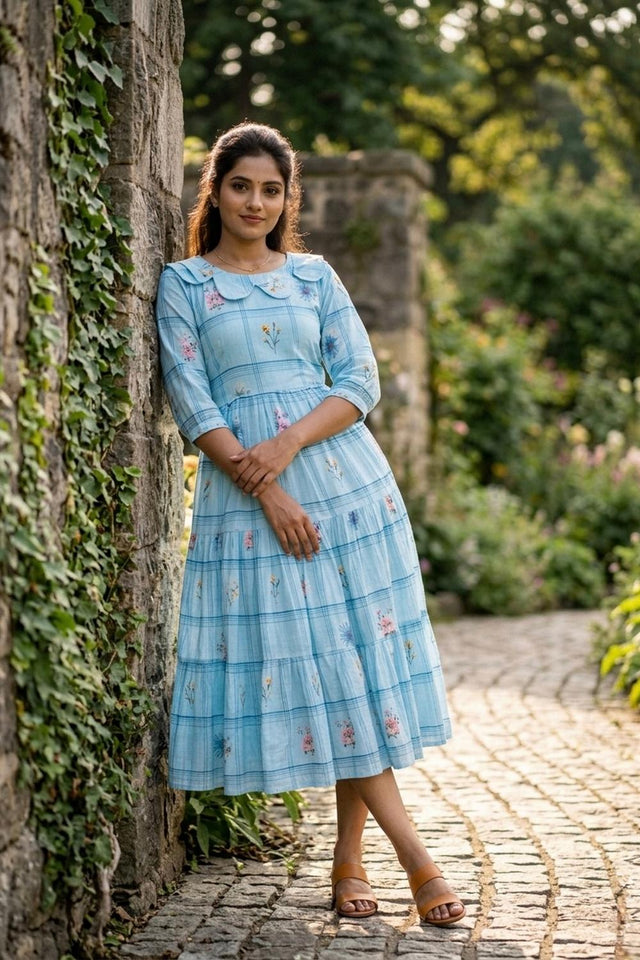 Blue Floral Printed Muslin Dress (ACA7427)