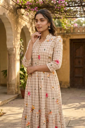 Beige Floral Printed Muslin Dress (ACA7428)