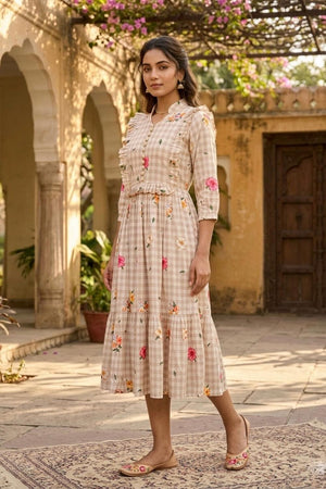 Beige Floral Printed Muslin Dress (ACA7428)