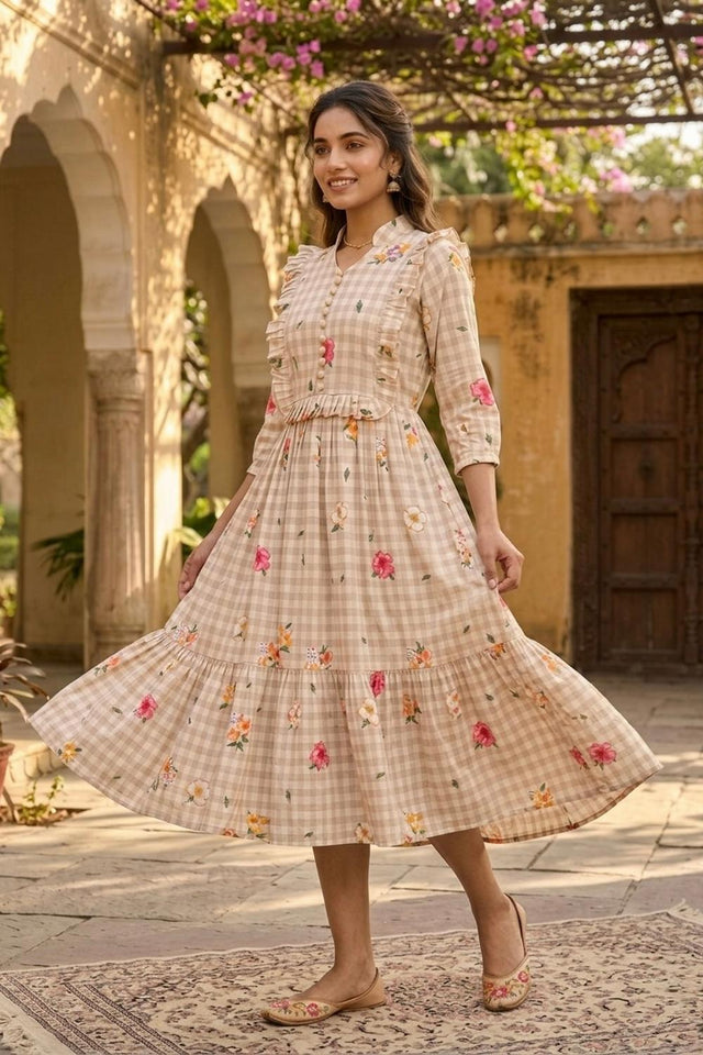 Beige Floral Printed Muslin Dress (ACA7428)