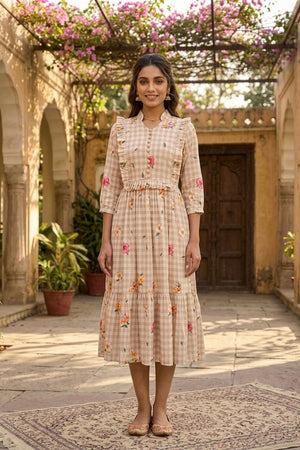 Beige Floral Printed Muslin Dress (ACA7428)