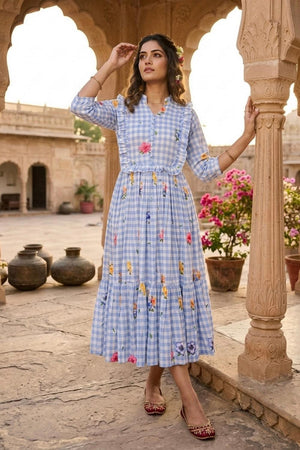 Blue Floral Printed Muslin Dress (ACA7429)