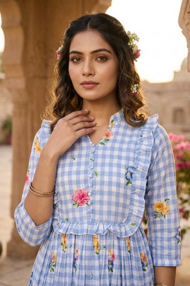 Blue Floral Printed Muslin Dress (ACA7429)