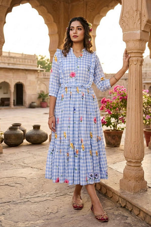 Blue Floral Printed Muslin Dress (ACA7429)