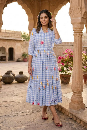Blue Floral Printed Muslin Dress (ACA7429)