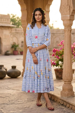 Blue Floral Printed Muslin Dress (ACA7429)