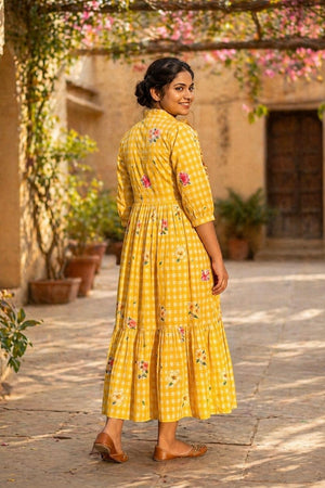 Yellow Floral Printed Muslin Dress (ACA7430)