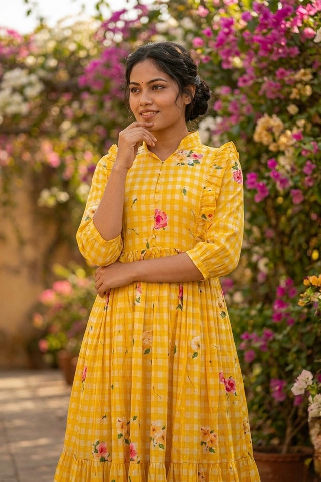 Yellow Floral Printed Muslin Dress (ACA7430)