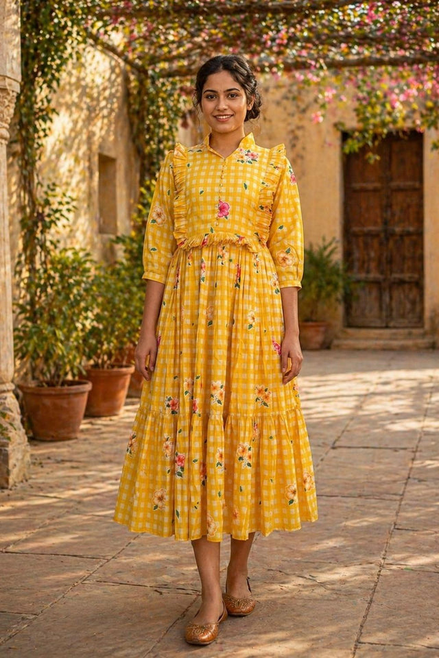Yellow Floral Printed Muslin Dress (ACA7430)