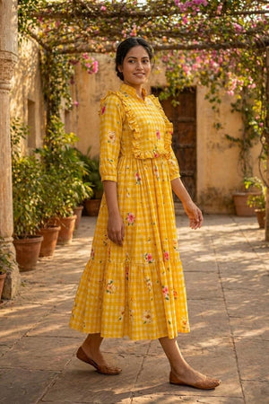 Yellow Floral Printed Muslin Dress (ACA7430)