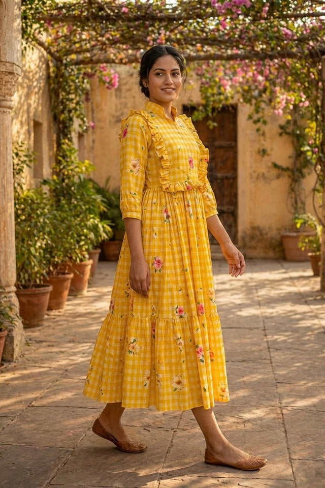 Yellow Floral Printed Muslin Dress (ACA7430)