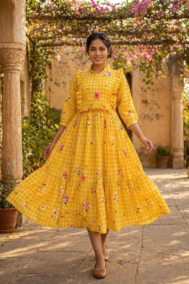 Yellow Floral Printed Muslin Dress (ACA7430)