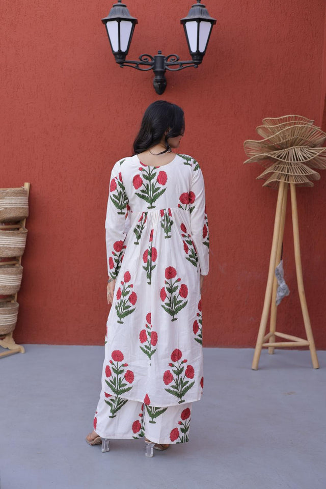 Pink Floral Printed Cotton Kurti Pant Set (ACA7431)