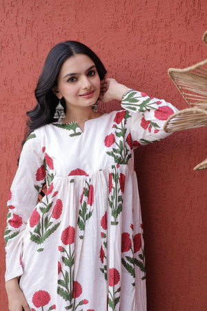 Pink Floral Printed Cotton Kurti Pant Set (ACA7431)