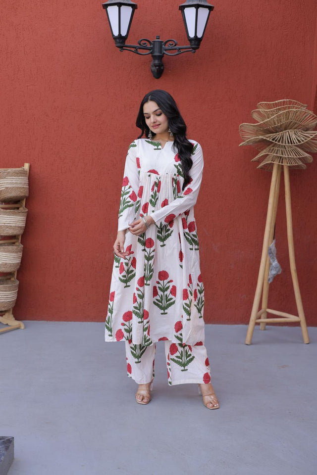 Pink Floral Printed Cotton Kurti Pant Set (ACA7431)