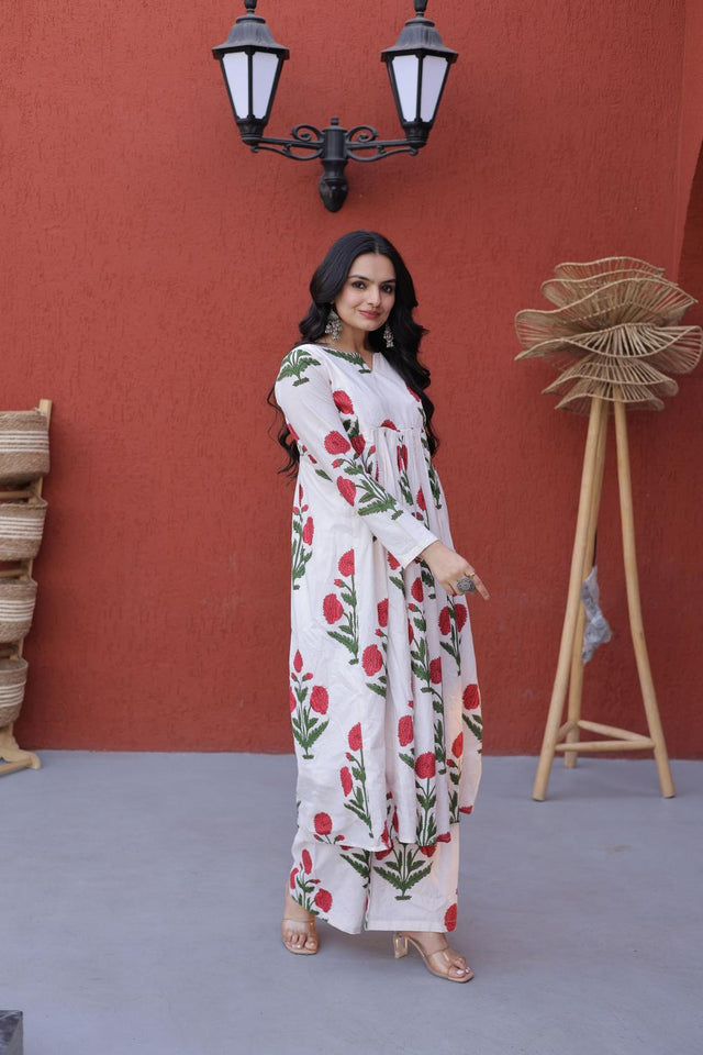 Pink Floral Printed Cotton Kurti Pant Set (ACA7431)