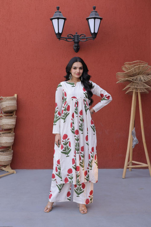 Pink Floral Printed Cotton Kurti Pant Set (ACA7431)