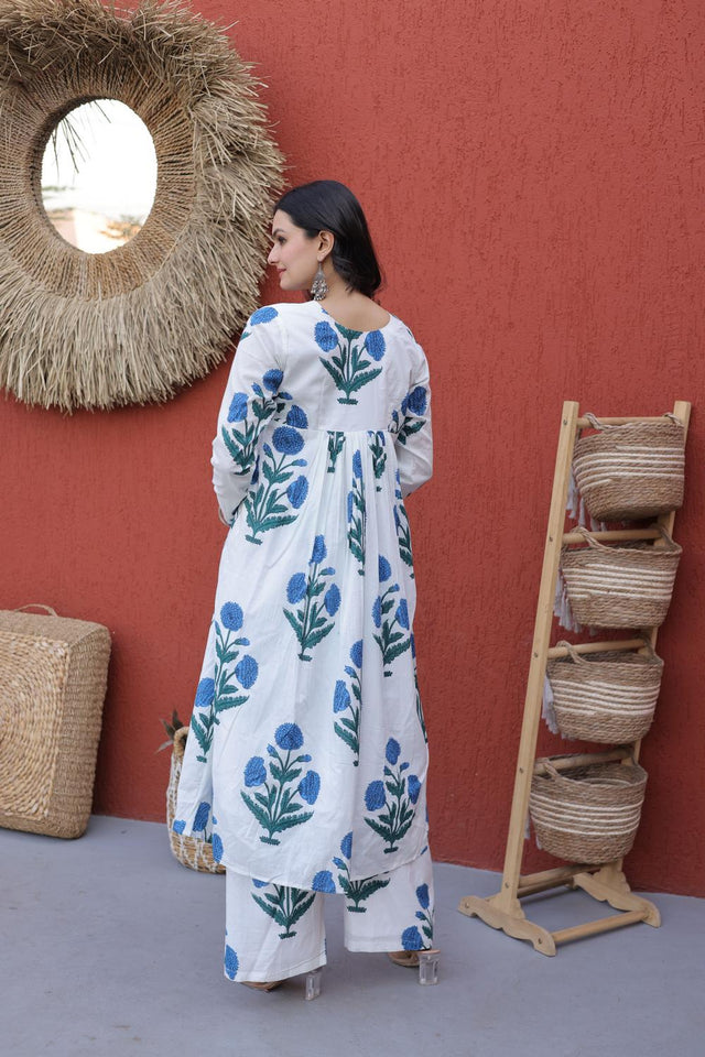 Blue Floral Printed Cotton Kurti Pant Set (ACA7432)