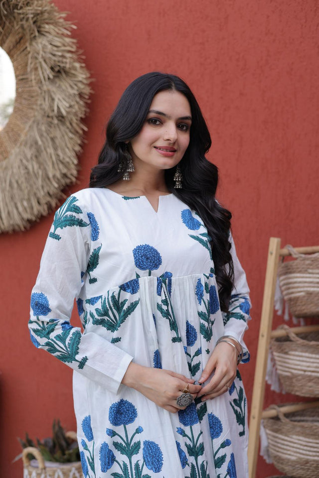 Blue Floral Printed Cotton Kurti Pant Set (ACA7432)