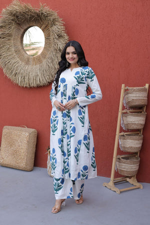 Blue Floral Printed Cotton Kurti Pant Set (ACA7432)