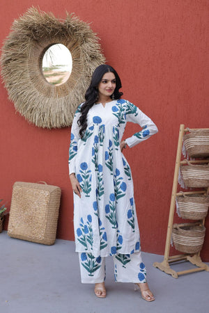 Blue Floral Printed Cotton Kurti Pant Set (ACA7432)
