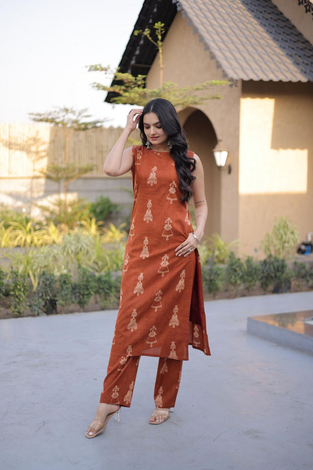 Rust Printed Cotton Kurti Pant Set (ACA7433)