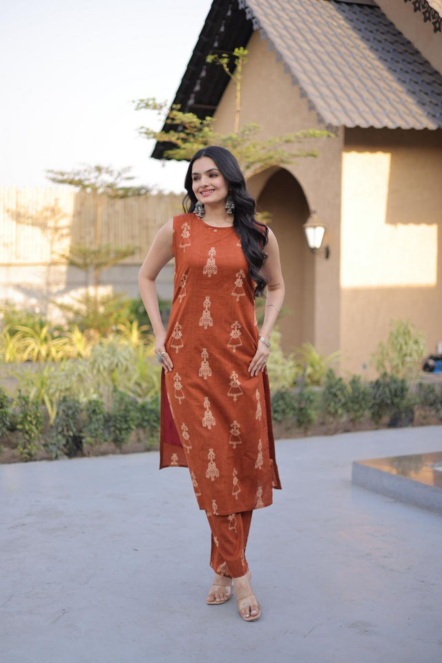 Rust Printed Cotton Kurti Pant Set (ACA7433)