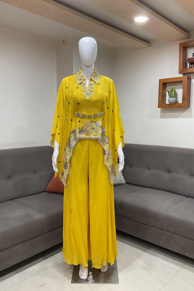 Yellow Floral Embroidered Chinon Palazzo Suit (ACA7435)