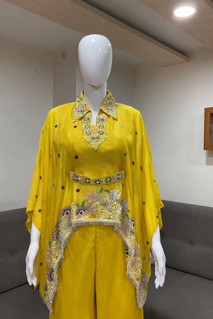 Yellow Floral Embroidered Chinon Palazzo Suit (ACA7435)