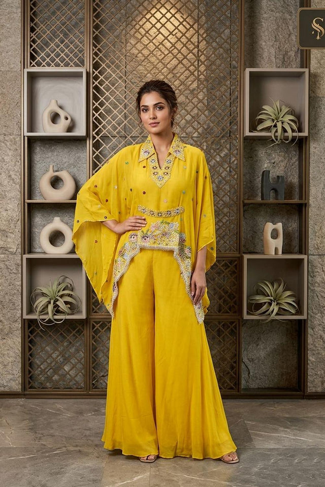 Yellow Floral Embroidered Chinon Palazzo Suit (ACA7435)