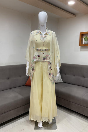 Cream Floral Embroidered Chinon Palazzo Suit (ACA7436)