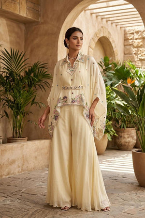 Cream Floral Embroidered Chinon Palazzo Suit (ACA7436)