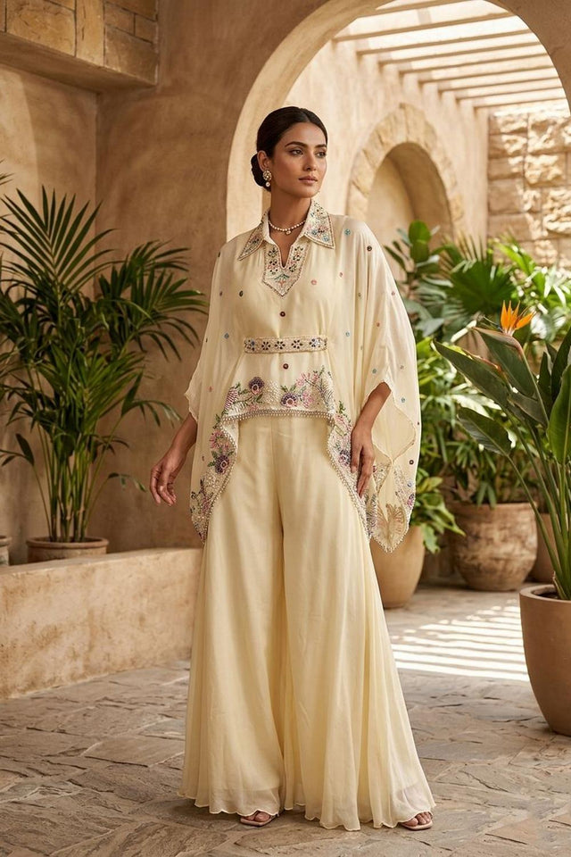 Cream Floral Embroidered Chinon Palazzo Suit (ACA7436)