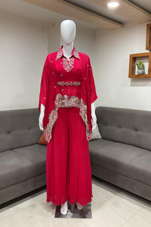 Red Floral Embroidered Chinon Palazzo Suit (ACA7437)