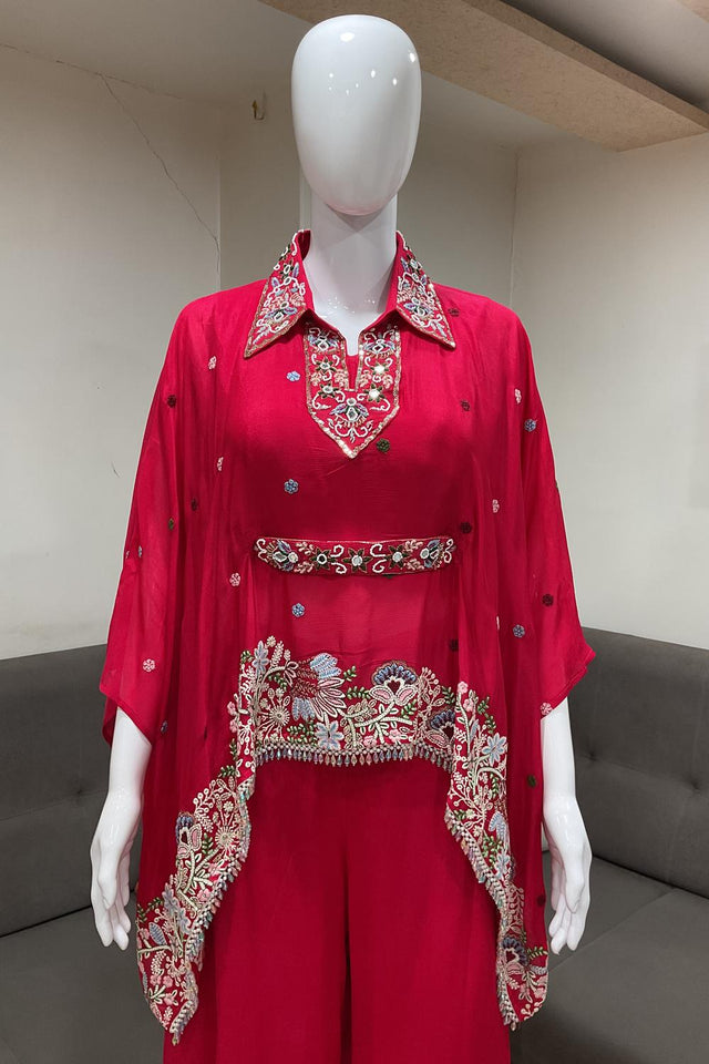 Red Floral Embroidered Chinon Palazzo Suit (ACA7437)