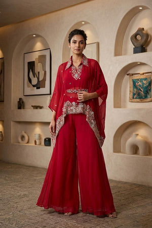 Red Floral Embroidered Chinon Palazzo Suit (ACA7437)