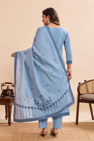 Blue Woven Cotton Kurti Pant Set (ACA7438)