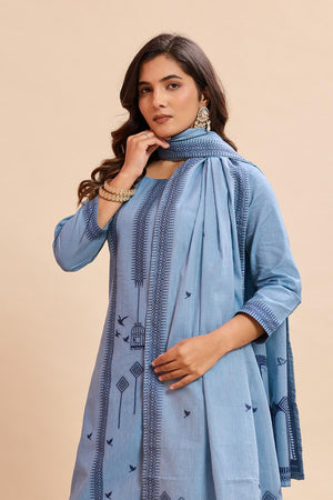 Blue Woven Cotton Kurti Pant Set (ACA7438)