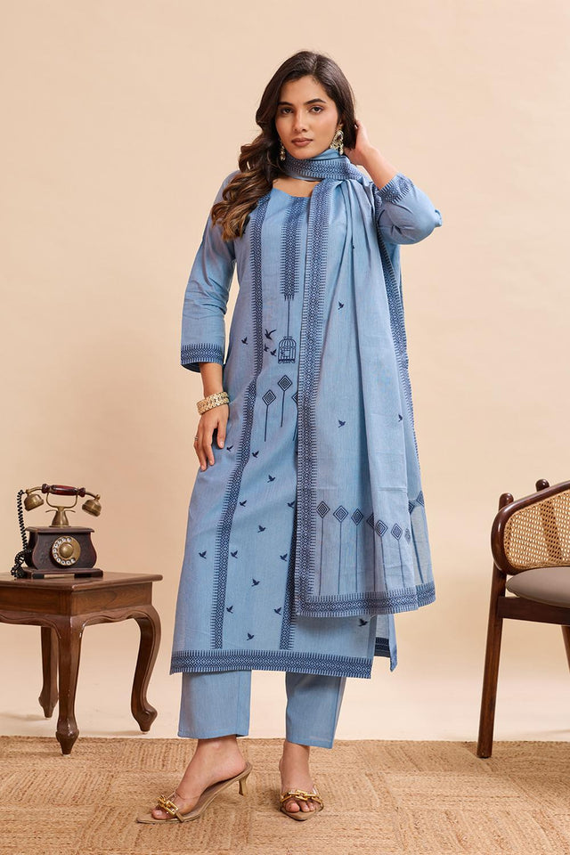 Blue Woven Cotton Kurti Pant Set (ACA7438)