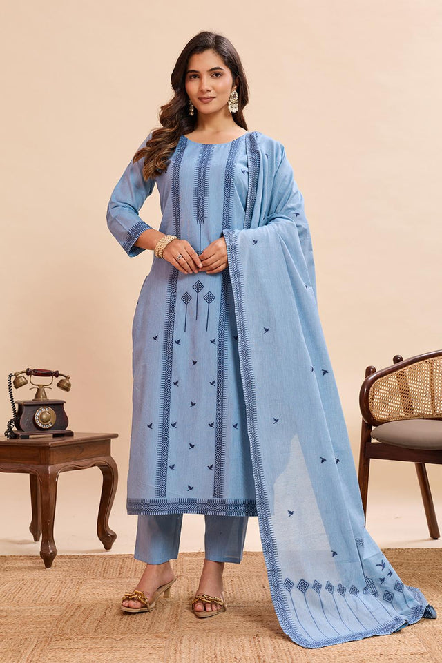 Blue Woven Cotton Kurti Pant Set (ACA7438)