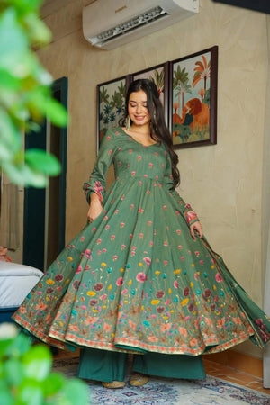 Green Floral Printed Muslin Anarkali Suit (ACA7439)