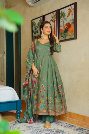 Green Floral Printed Muslin Anarkali Suit (ACA7439)