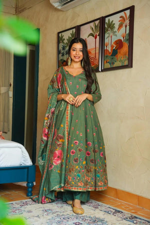 Green Floral Printed Muslin Anarkali Suit (ACA7439)