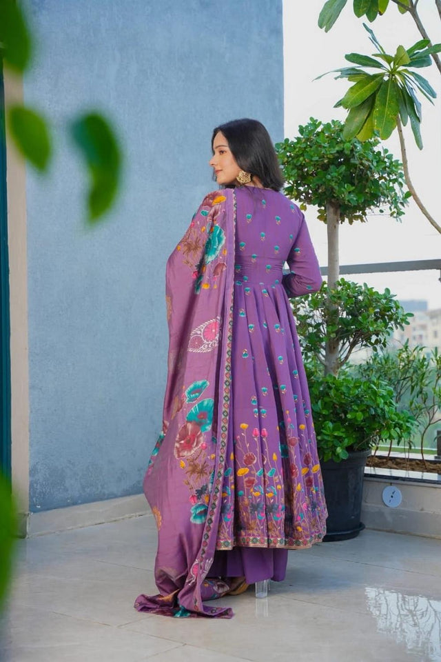 Lavender Floral Printed Muslin Anarkali Suit (ACA7440)